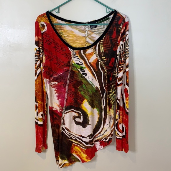 Desigual Tops - Desigual- Asymmetrical Colorful Scoop neck braided long sleeve tee shirt top